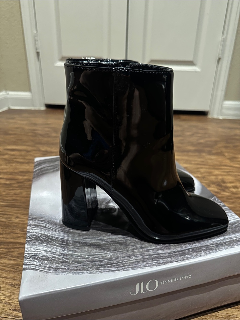 Jennifer Lopez Black Patent Leather Ankle Booties with Block Heel